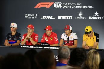 World © Octane Photographic Ltd. Formula 1 – Italian GP. FIA Drivers Press Conference. Alfa Romeo Racing – Antonio Giovinazzi, Scuderia Ferrari – Charles Leclerc, Scuderia Ferrari – Sebastian Vettel, Renault Sport F1 Team – Nico Hulkenberg and Scuderia Toro Rosso - Pierre Gasly. Autodromo Nazionale Monza, Monza, Italy. Thursday 4th September 2019.