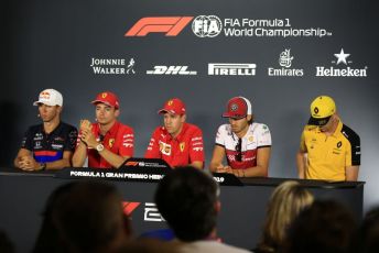 World © Octane Photographic Ltd. Formula 1 – Italian GP. FIA Drivers Press Conference. Alfa Romeo Racing – Antonio Giovinazzi, Scuderia Ferrari – Charles Leclerc, Scuderia Ferrari – Sebastian Vettel, Renault Sport F1 Team – Nico Hulkenberg and Scuderia Toro Rosso - Pierre Gasly. Autodromo Nazionale Monza, Monza, Italy. Thursday 4th September 2019.
