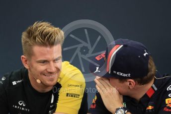 World © Octane Photographic Ltd. Formula 1 – Singapore GP. FIA Drivers Press Conference. Aston Martin Red Bull Racing – Max Verstappen talks with Renault Sport F1 Team – Nico Hulkenberg. Suzuka Circuit, Suzuka, Japan. Thursday 10th October 2019.