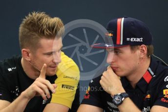 World © Octane Photographic Ltd. Formula 1 – Singapore GP. FIA Drivers Press Conference. Aston Martin Red Bull Racing – Max Verstappen talks with Renault Sport F1 Team – Nico Hulkenberg. Suzuka Circuit, Suzuka, Japan. Thursday 10th October 2019.