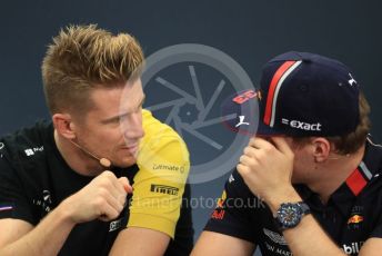 World © Octane Photographic Ltd. Formula 1 – Singapore GP. FIA Drivers Press Conference. Aston Martin Red Bull Racing – Max Verstappen talks with Renault Sport F1 Team – Nico Hulkenberg. Suzuka Circuit, Suzuka, Japan. Thursday 10th October 2019.