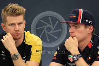 World © Octane Photographic Ltd. Formula 1 – Singapore GP. FIA Drivers Press Conference. Aston Martin Red Bull Racing – Max Verstappen talks with Renault Sport F1 Team – Nico Hulkenberg. Suzuka Circuit, Suzuka, Japan. Thursday 10th October 2019.