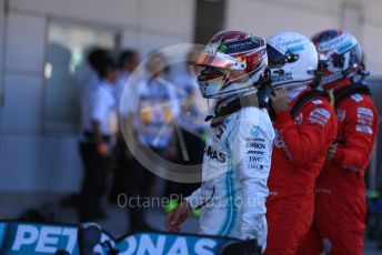 World © Octane Photographic Ltd. Formula 1 – Japanese GP - Parc Ferme. Mercedes AMG Petronas Motorsport AMG F1 W10 EQ Power+ - Valtteri Bottas with Scuderia Ferrari SF90 – Sebastian Vettel and Charles Leclerc. Suzuka Circuit, Suzuka, Japan. Sunday 13th October 2019.