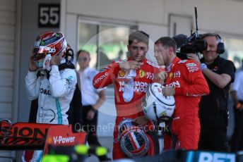 World © Octane Photographic Ltd. Formula 1 – Japanese GP - Parc Ferme. Mercedes AMG Petronas Motorsport AMG F1 W10 EQ Power+ - Lewis Hamilton with Scuderia Ferrari SF90 – Sebastian Vettel and Charles Leclerc. Suzuka Circuit, Suzuka, Japan. Sunday 13th October 2019.