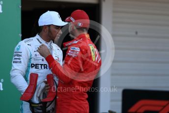 World © Octane Photographic Ltd. Formula 1 – Japanese GP - Parc Ferme. Mercedes AMG Petronas Motorsport AMG F1 W10 EQ Power+ - Lewis Hamilton and Scuderia Ferrari SF90 – Sebastian Vettel. Suzuka Circuit, Suzuka, Japan. Sunday 13th October 2019.