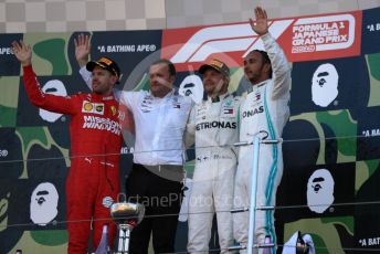 World © Octane Photographic Ltd. Formula 1 – Japanese GP - Podium. Mercedes AMG Petronas Motorsport AMG F1 W10 EQ Power+ - Valtteri Bottas and Lewis Hamilton with Chief Aerodynamicist, Scuderia Ferrari SF90 – Sebastian Vettel. Suzuka Circuit, Suzuka, Japan. Sunday 13th October 2019.