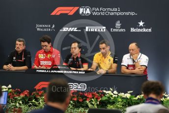 World © Octane Photographic Ltd. Formula 1 - Hungarian GP - Friday FIA Team. Frederic Vasseur – Team Principal and CEO of Sauber Motorsport AG, Guenther Steiner - Team Principal of Haas F1 Team, Mattia Binotto – Team Principal of Scuderia Ferrari, Toyoharu Tanube - Honda Performance Development (HPD) Senior Manager and Cyril Abiteboul - Managing Director of Renault Sport Racing Formula 1 Team. Suzuka Circuit, Suzuka, Japan. Friday 11th October 2019.