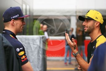 World © Octane Photographic Ltd. Formula 1 – Monaco GP. Paddock. Aston Martin Red Bull Racing RB15 – Max Verstappen and Renault Sport F1 Team RS19 – Daniel Ricciardo. Monte-Carlo, Monaco. Wednesday 22nd May 2019.