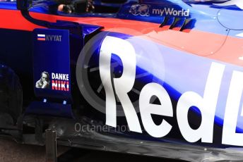 World © Octane Photographic Ltd. Formula 1 – Monaco GP. Scrutineering. Scuderia Toro Rosso STR14 with Danke Niki markings. Monte-Carlo, Monaco. Wednesday 22nd May 2019.
