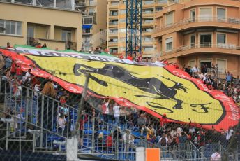 World © Octane Photographic Ltd. Formula 1 – Monaco GP. Practice 1. Scuderia Ferrari fans with modified "Ciao Niki" flag. Monte-Carlo, Monaco. Thursday 23rd May 2019.