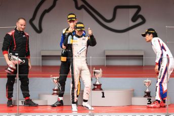 World © Octane Photographic Ltd. FIA Formula 2 (F2) – Monaco GP - Race 1 Podium. ART Grand Prix - Nyck de Vries, Virtuosi Racing - Luca Ghiotto and Carlin - Nobuharu Matsushita. Monte-Carlo, Monaco. Friday 24th May 2019.