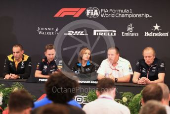 World © Octane Photographic Ltd. Formula 1 - Monaco GP. Thursday FIA Team Press Conference. Cyril Abiteboul - Managing Director of Renault Sport Racing Formula 1 Team, Christian Horner - Team Principal of Red Bull Racing, Claire Williams - Deputy Team Principal of ROKiT Williams Racing, Zak Brown - Executive Director of McLaren Technology Group and Andy Stevenson – Sporting Director at SportPesa Racing Point. Monte-Carlo, Monaco. Thursday 23rd May 2019.