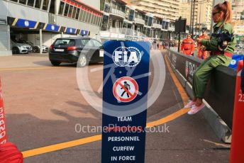 World © Octane Photographic Ltd. Formula 1 – Monaco GP. Pitlane. FIA curfew in effect sign. Monte-Carlo, Monaco. Saturday 25th May 2019.