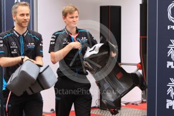 World © Octane Photographic Ltd. Formula 1 – Monaco GP. Paddock. ROKiT Williams Racing mechanics with driver seat. Monte-Carlo, Monaco. Sunday 26th May 2019.