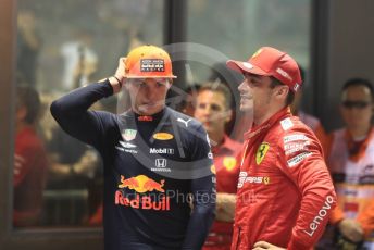 World © Octane Photographic Ltd. Formula 1 – Singapore GP - Race Podium. Scuderia Ferrari SF90 – Charles Leclerc and Aston Martin Red Bull Racing RB15 – Max Verstappen. Marina Bay Street Circuit, Singapore. Sunday 22nd September 2019.