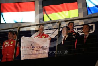 World © Octane Photographic Ltd. Formula 1 – Singapore GP - Race Podium. Scuderia Ferrari SF90 – Sebastian Vettel, Charles Leclerc and Aston Martin Red Bull Racing RB15 – Max Verstappen. Marina Bay Street Circuit, Singapore. Sunday 22nd September 2019.