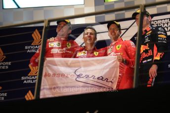 World © Octane Photographic Ltd. Formula 1 – Singapore GP - Race Podium. Scuderia Ferrari SF90 – Sebastian Vettel, Charles Leclerc and Aston Martin Red Bull Racing RB15 – Max Verstappen. Marina Bay Street Circuit, Singapore. Sunday 22nd September 2019.