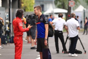 World © Octane Photographic Ltd. Formula 1 – Singapore GP - Paddock. Scuderia Toro Rosso STR14 – Daniil Kvyat and Laurent Mekies – Sporting Director of Scuderia Ferrari. Marina Bay Street Circuit, Singapore. Friday 20th September 2019.
