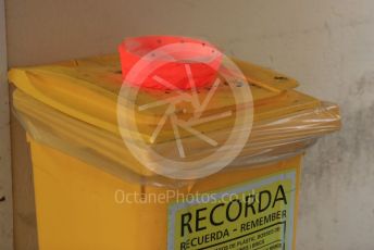 World © Octane Photographic Ltd. Formula 1 – Spanish In-season testing. Mercedes AMG Petronas Motorsport pit cone in the recycling bin after being run over by Valtteri Bottas. Circuit de Barcelona Catalunya, Spain. Tuesday 14th May 2019.
