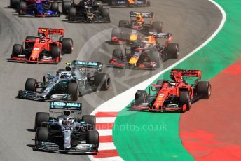 World © Octane Photographic Ltd. Formula 1 – Spanish GP. Race. Mercedes AMG Petronas Motorsport AMG F1 W10 EQ Power+ - Lewis Hamilton and Valtteri Bottas and Scuderia Ferrari SF90 – Sebastian Vettel. Circuit de Barcelona Catalunya, Spain. Sunday 12th May 2019.