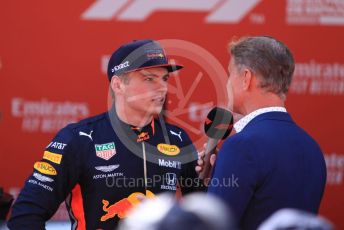 World © Octane Photographic Ltd. Formula 1 – Spanish GP. Parc Ferme. Aston Martin Red Bull Racing RB15 – Max Verstappen with David Coulthard. Circuit de Barcelona Catalunya, Spain. Sunday 12th May 2019.