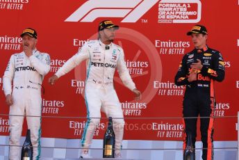 World © Octane Photographic Ltd. Formula 1 – Spanish GP. Podium. Mercedes AMG Petronas Motorsport AMG F1 W10 EQ Power+ - Lewis Hamilton and Valtteri Bottas with Aston Martin Red Bull Racing RB15 – Max Verstappen. Circuit de Barcelona Catalunya, Spain. Sunday 12th May 2019.