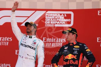 World © Octane Photographic Ltd. Formula 1 – Spanish GP. Podium. Mercedes AMG Petronas Motorsport AMG F1 W10 EQ Power+ - Lewis Hamilton with Aston Martin Red Bull Racing RB15 – Max Verstappen. Circuit de Barcelona Catalunya, Spain. Sunday 12th May 2019.