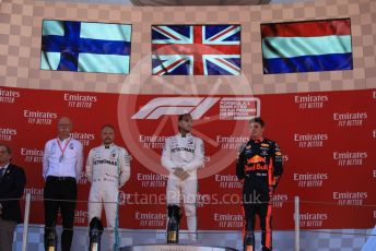 World © Octane Photographic Ltd. Formula 1 – Spanish GP. Podium. Mercedes AMG Petronas Motorsport AMG F1 W10 EQ Power+ - Lewis Hamilton, Valtteri Bottas and Dieter Zetsche – Chairman of the management board of Mercedes  with Aston Martin Red Bull Racing RB15 – Max Verstappen. Circuit de Barcelona Catalunya, Spain. Sunday 12th May 2019.