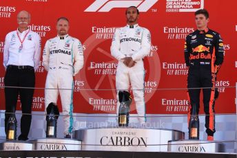 World © Octane Photographic Ltd. Formula 1 – Spanish GP. Podium. Mercedes AMG Petronas Motorsport AMG F1 W10 EQ Power+ - Lewis Hamilton, Valtteri Bottas and Dieter Zetsche – Chairman of the management board of Mercedes  with Aston Martin Red Bull Racing RB15 – Max Verstappen. Circuit de Barcelona Catalunya, Spain. Sunday 12th May 2019.