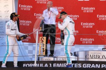 World © Octane Photographic Ltd. Formula 1 – Spanish GP. Podium. Mercedes AMG Petronas Motorsport AMG F1 W10 EQ Power+ - Lewis Hamilton, Valtteri Bottas and Dieter Zetsche – Chairman of the management board of Mercedes - Benz. Circuit de Barcelona Catalunya, Spain. Sunday 12th May 2019.