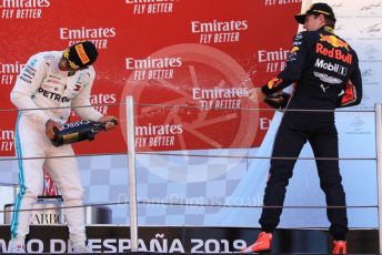 World © Octane Photographic Ltd. Formula 1 – Spanish GP. Podium. Mercedes AMG Petronas Motorsport AMG F1 W10 EQ Power+ - Lewis Hamilton and Aston Martin Red Bull Racing RB15 – Max Verstappen. Circuit de Barcelona Catalunya, Spain. Sunday 12th May 2019.