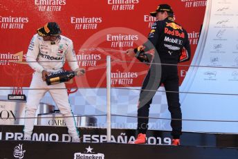 World © Octane Photographic Ltd. Formula 1 – Spanish GP. Podium. Mercedes AMG Petronas Motorsport AMG F1 W10 EQ Power+ - Lewis Hamilton and Aston Martin Red Bull Racing RB15 – Max Verstappen. Circuit de Barcelona Catalunya, Spain. Sunday 12th May 2019.