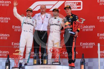 World © Octane Photographic Ltd. Formula 1 – Spanish GP. Podium. Mercedes AMG Petronas Motorsport AMG F1 W10 EQ Power+ - Lewis Hamilton, Valtteri Bottas and Dieter Zetsche – Chairman of the management board of Mercedes - Benz and Aston Martin Red Bull Racing RB15 – Max Verstappen. Circuit de Barcelona Catalunya, Spain. Sunday 12th May 2019.