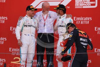 World © Octane Photographic Ltd. Formula 1 – Spanish GP. Podium. Mercedes AMG Petronas Motorsport AMG F1 W10 EQ Power+ - Lewis Hamilton, Valtteri Bottas and Dieter Zetsche – Chairman of the management board of Mercedes - Benz. Circuit de Barcelona Catalunya, Spain. Sunday 12th May 2019.