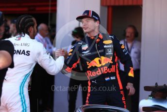 World © Octane Photographic Ltd. Formula 1 – Spanish GP. Parc Ferme. Mercedes AMG Petronas Motorsport AMG F1 W10 EQ Power+ - Lewis Hamilton and Aston Martin Red Bull Racing RB15 – Max Verstappen. Circuit de Barcelona Catalunya, Spain. Sunday 12th May 2019.