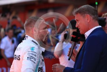 World © Octane Photographic Ltd. Formula 1 – Spanish GP. Parc Ferme. Mercedes AMG Petronas Motorsport AMG F1 W10 EQ Power+ - Valtteri Bottas with David Coulthard. Circuit de Barcelona Catalunya, Spain. Sunday 12th May 2019.