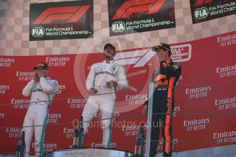 World © Octane Photographic Ltd. Formula 1 – Spanish GP. Podium. Mercedes AMG Petronas Motorsport AMG F1 W10 EQ Power+ - Lewis Hamilton and Valtteri Bottas with Aston Martin Red Bull Racing RB15 – Max Verstappen. Circuit de Barcelona Catalunya, Spain. Sunday 12th May 2019.