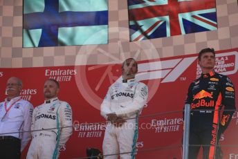 World © Octane Photographic Ltd. Formula 1 – Spanish GP. Podium. Mercedes AMG Petronas Motorsport AMG F1 W10 EQ Power+ - Lewis Hamilton, Valtteri Bottas and Dieter Zetsche – Chairman of the management board of Mercedes  with Aston Martin Red Bull Racing RB15 – Max Verstappen. Circuit de Barcelona Catalunya, Spain. Sunday 12th May 2019.