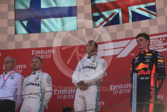 World © Octane Photographic Ltd. Formula 1 – Spanish GP. Podium. Mercedes AMG Petronas Motorsport AMG F1 W10 EQ Power+ - Lewis Hamilton, Valtteri Bottas and Dieter Zetsche – Chairman of the management board of Mercedes  with Aston Martin Red Bull Racing RB15 – Max Verstappen. Circuit de Barcelona Catalunya, Spain. Sunday 12th May 2019.