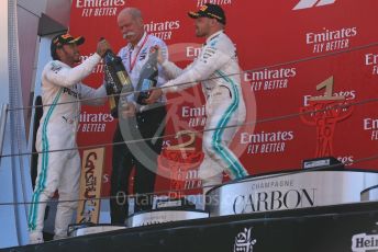 World © Octane Photographic Ltd. Formula 1 – Spanish GP. Podium. Mercedes AMG Petronas Motorsport AMG F1 W10 EQ Power+ - Lewis Hamilton, Valtteri Bottas and Dieter Zetsche – Chairman of the management board of Mercedes - Benz. Circuit de Barcelona Catalunya, Spain. Sunday 12th May 2019.