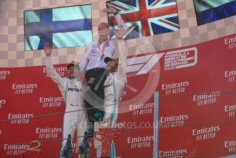 World © Octane Photographic Ltd. Formula 1 – Spanish GP. Podium. Mercedes AMG Petronas Motorsport AMG F1 W10 EQ Power+ - Lewis Hamilton, Valtteri Bottas and Dieter Zetsche – Chairman of the management board of Mercedes - Benz. Circuit de Barcelona Catalunya, Spain. Sunday 12th May 2019.