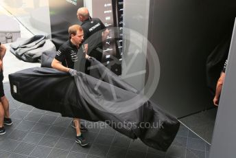 World © Octane Photographic Ltd. Formula 1 – Spanish GP. Thursday Setup. Mercedes AMG Petronas Motorsport AMG F1 W10 EQ Power+ gets new part delivery. Circuit de Barcelona Catalunya, Spain. Thursday 9th May 2019.