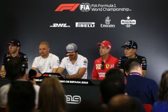 World © Octane Photographic Ltd. Formula 1 – Spanish GP. FIA Drivers’ Press Conference. Scuderia Ferrari SF90 – Sebastian Vettel, Mercedes AMG Petronas Motorsport AMG F1 W10 EQ Power+ - Valtteri Bottas, McLaren MCL34 – Carlos Sainz, Aston Martin Red Bull Racing RB15 – Pierre Gasly and ROKiT Williams Racing – George Russell. Circuit de Barcelona Catalunya, Spain. Thursday 9th May 2019.