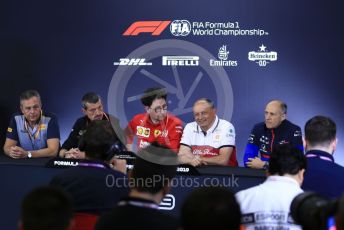 World © Octane Photographic Ltd. Formula 1 – Spanish GP. FIA Team Press Conference. Mario Isola – Pirelli Head of Car Racing, Guenther Steiner - Team Principal of Rich Energy Haas F1 Team, Mattia Binotto – Team Principal of Scuderia Ferrari, Frederic Vasseur – Team Principal and CEO of Sauber Motorsport AG and Franz Tost – Team Principal of Scuderia Toro Rosso. Circuit de Barcelona Catalunya, Spain. Friday 10th May 2019.