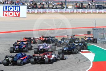 World © Octane Photographic Ltd. Formula 1 – United States GP - Race. Mercedes AMG Petronas Motorsport AMG F1 W10 EQ Power+ - Valtteri Bottas leads the pack as McLaren MCL34 – Carlos Sainz runs wide. Circuit of the Americas (COTA), Austin, Texas, USA. Sunday 3rd November 2019.