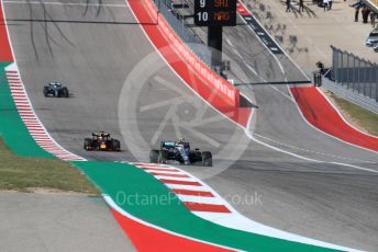 World © Octane Photographic Ltd. Formula 1 – United States GP - Race. Mercedes AMG Petronas Motorsport AMG F1 W10 EQ Power+ - Valtteri Bottas, Aston Martin Red Bull Racing RB15 – Max Verstappen and Lewis Hamilton. Circuit of the Americas (COTA), Austin, Texas, USA. Sunday 3rd November 2019.