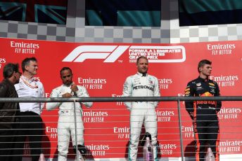 World © Octane Photographic Ltd. Formula 1 – United States GP - Podium. Mercedes AMG Petronas Motorsport AMG F1 W10 EQ Power+ - Valtteri Bottas, Lewis Hamilton and Technical Director James Allison with Aston Martin Red Bull Racing RB15 – Max Verstappen. Circuit of the Americas (COTA), Austin, Texas, USA. Sunday 3rd November 2019.