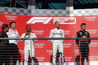 World © Octane Photographic Ltd. Formula 1 – United States GP - Podium. Mercedes AMG Petronas Motorsport AMG F1 W10 EQ Power+ - Valtteri Bottas, Lewis Hamilton and Technical Director James Allison  with Aston Martin Red Bull Racing RB15 – Max Verstappen. Circuit of the Americas (COTA), Austin, Texas, USA. Sunday 3rd November 2019.