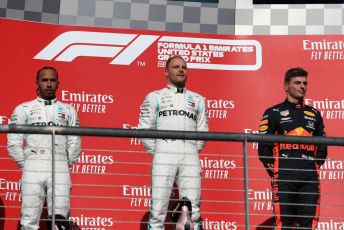 World © Octane Photographic Ltd. Formula 1 – United States GP - Podium. Mercedes AMG Petronas Motorsport AMG F1 W10 EQ Power+ - Valtteri Bottas and Lewis Hamilton with Aston Martin Red Bull Racing RB15 – Max Verstappen. Circuit of the Americas (COTA), Austin, Texas, USA. Sunday 3rd November 2019.