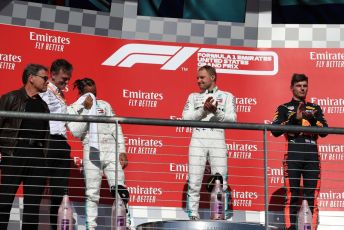 World © Octane Photographic Ltd. Formula 1 – United States GP - Podium. Mercedes AMG Petronas Motorsport AMG F1 W10 EQ Power+ - Valtteri Bottas, Lewis Hamilton and Technical Director James Allison  with Aston Martin Red Bull Racing RB15 – Max Verstappen. Circuit of the Americas (COTA), Austin, Texas, USA. Sunday 3rd November 2019.